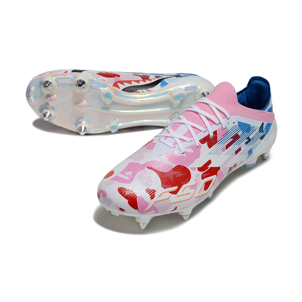 Chuteira Campo Adidas F50 Ponta de Aluminio Branco, Rosa, Azul e Vermelho