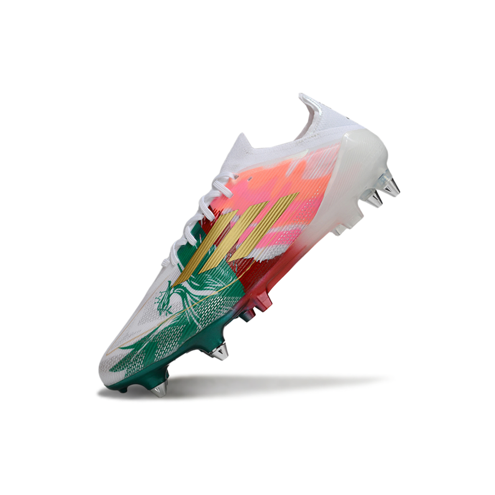 Chuteira Campo Adidas F50 Ponta de Aluminio Branco, Verde, Vermelho e Rosa