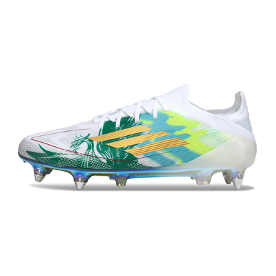 Chuteira Campo Adidas F50 Ponta de Aluminio Branco, Verde e Dourado