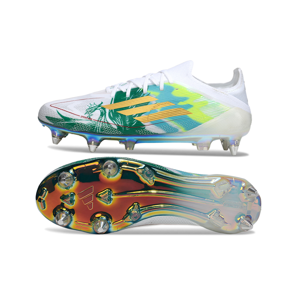 Chuteira Campo Adidas F50 Ponta de Aluminio Branco, Verde e Dourado