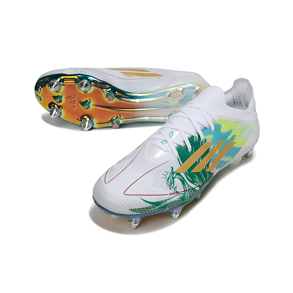 Chuteira Campo Adidas F50 Ponta de Aluminio Branco, Verde e Dourado