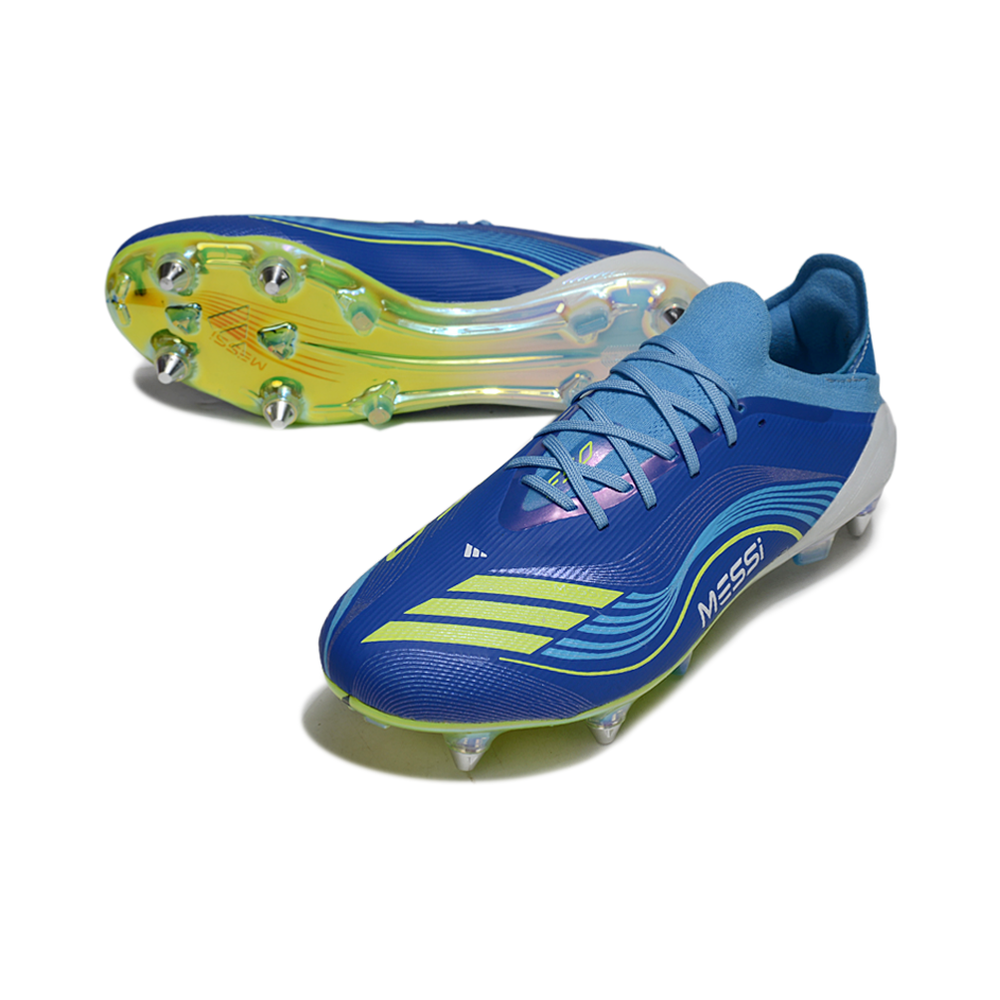 Chuteira Campo Adidas F50 Ponta de Aluminio Azul e Verde "Messi"