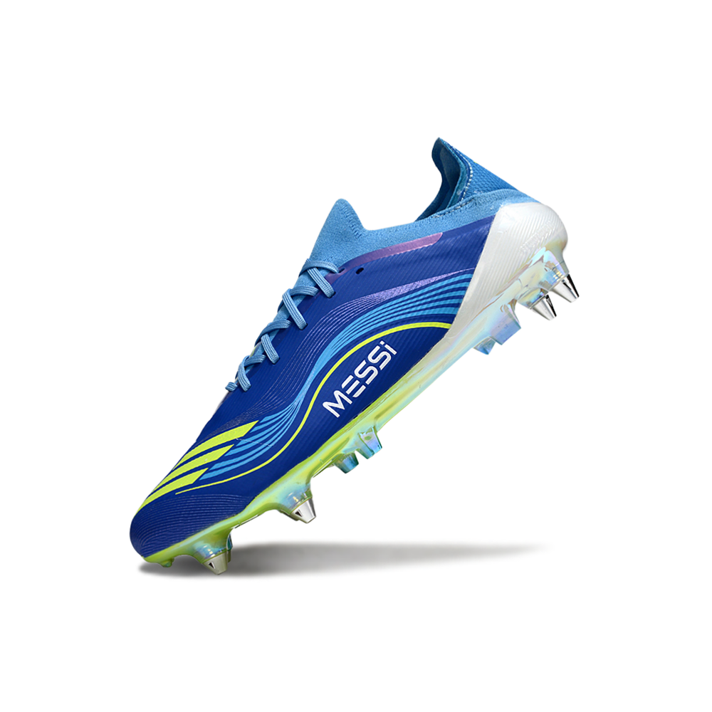 Chuteira Campo Adidas F50 Ponta de Aluminio Azul e Verde "Messi"