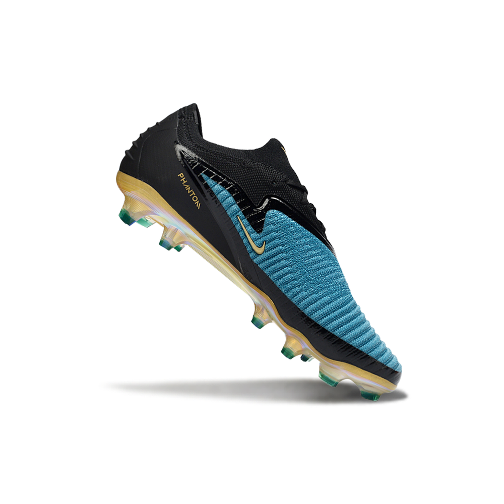 Chuteira Campo Nike Phantom GX 3 Elite FG Preto, Azul e Dourado
