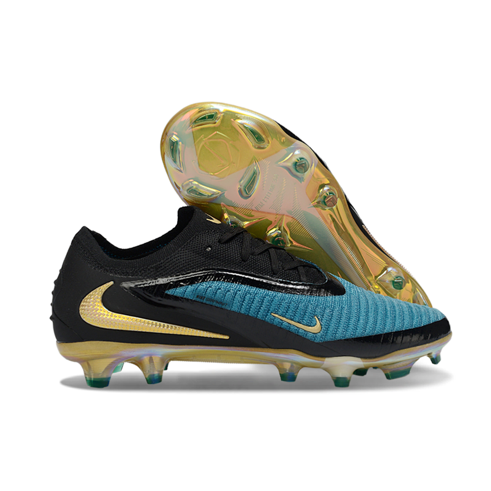 Chuteira Campo Nike Phantom GX 3 Elite FG Preto, Azul e Dourado