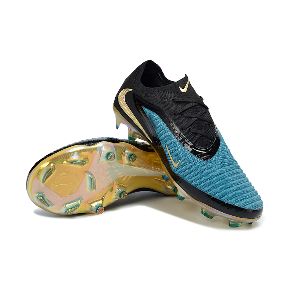 Chuteira Campo Nike Phantom GX 3 Elite FG Preto, Azul e Dourado