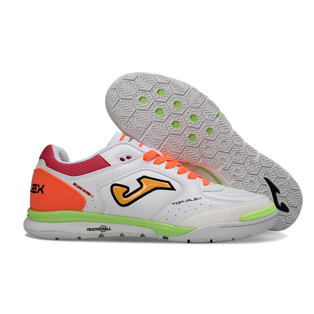 Chuteira Futsal Joma Top Flex Rebound IC Branca, Laranja e Vermelha