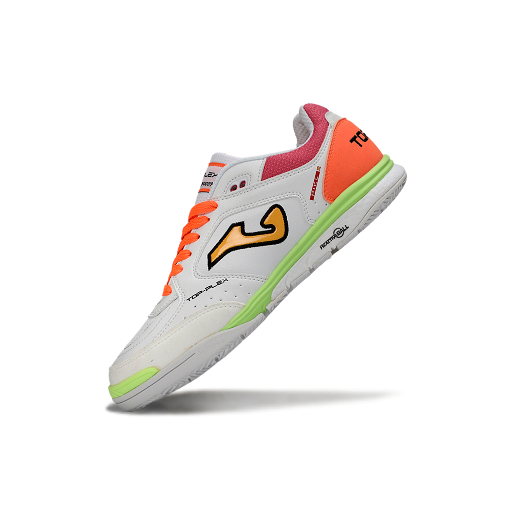 Chuteira Futsal Joma Top Flex Rebound IC Branca, Laranja e Vermelha