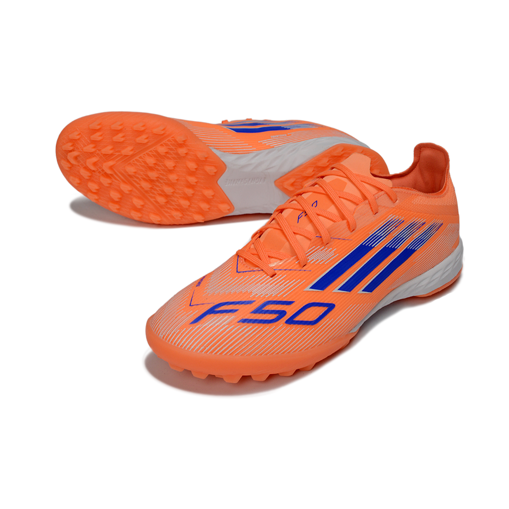 Chuteira Society Adidas F50 TF Laranja e Azul "Coral Blaze"