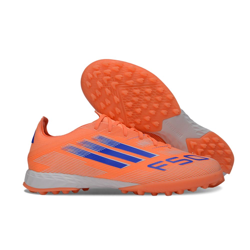 Chuteira Society Adidas F50 TF Laranja e Azul "Coral Blaze"