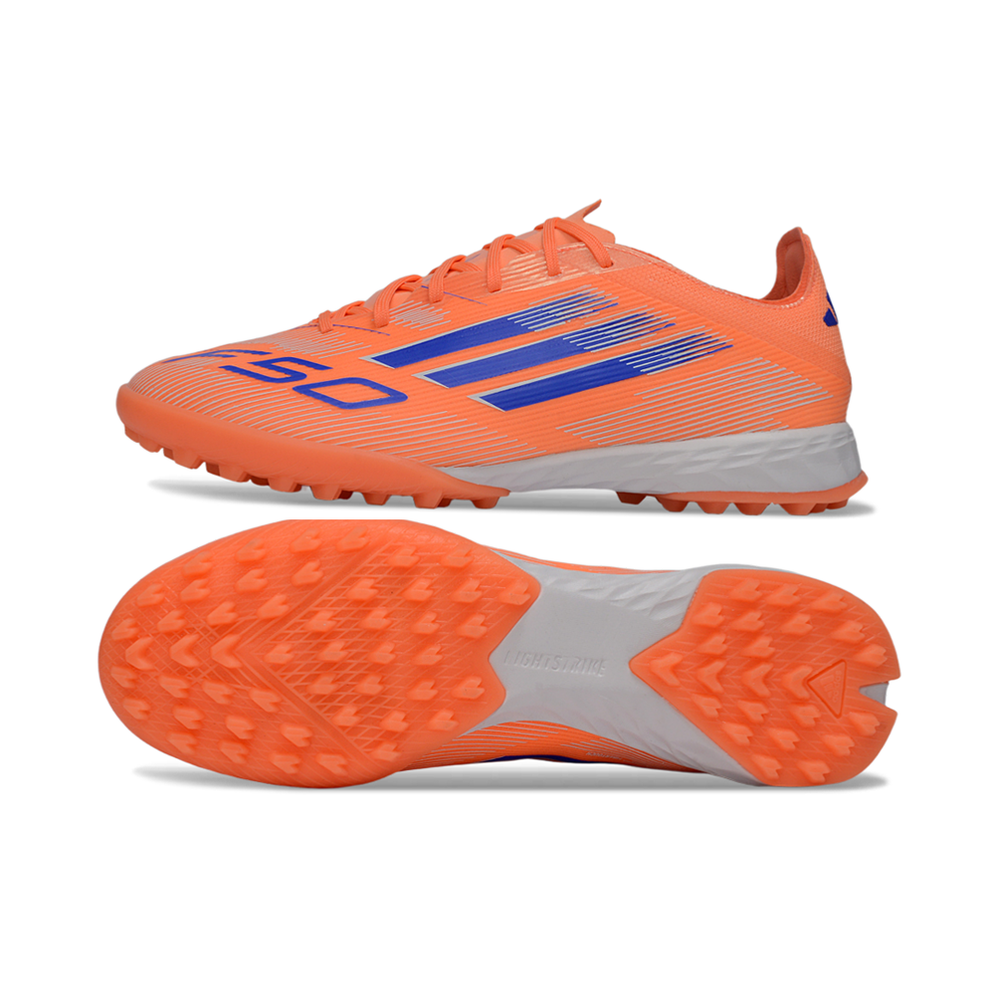 Chuteira Society Adidas F50 TF Laranja e Azul "Coral Blaze"