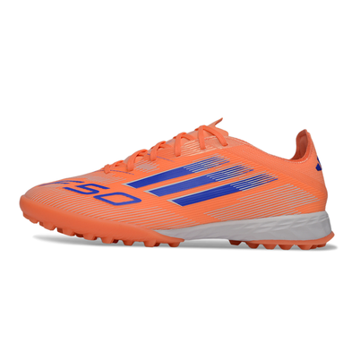Chuteira Society Adidas F50 TF Laranja e Azul "Coral Blaze"