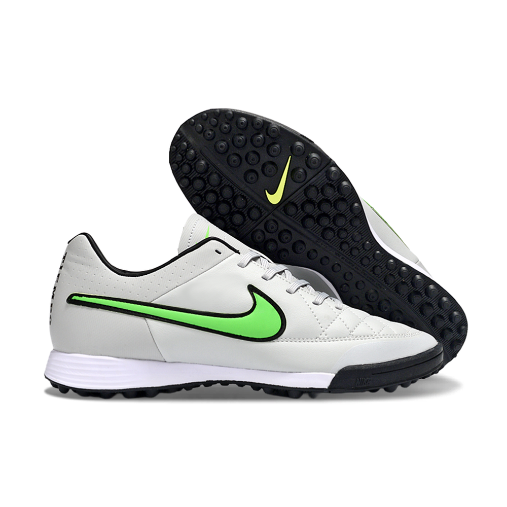 Chuteira Society Nike Retrô Tiempo Legend 4 Elite TF Cinza, Verde e Preto