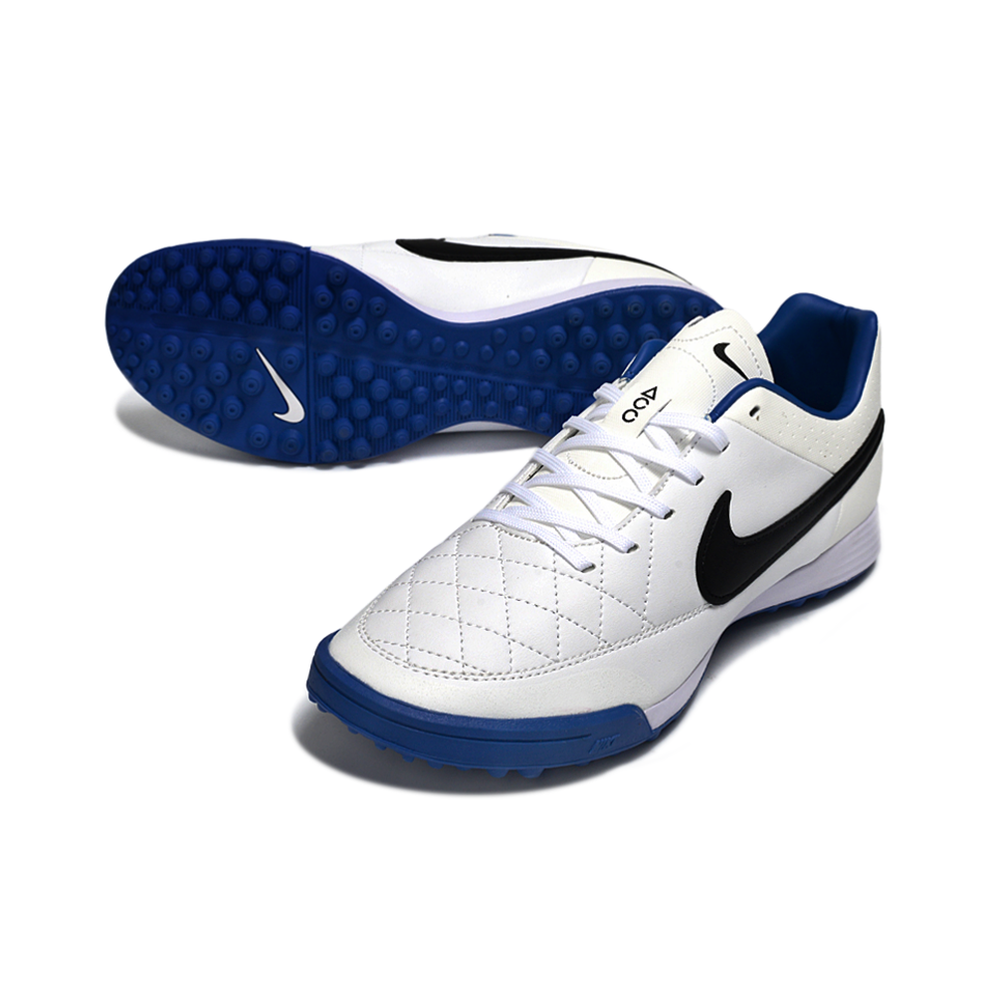 Chuteira Society Nike Retrô Tiempo Legend 4 Elite TF Branca, Preto e Azul