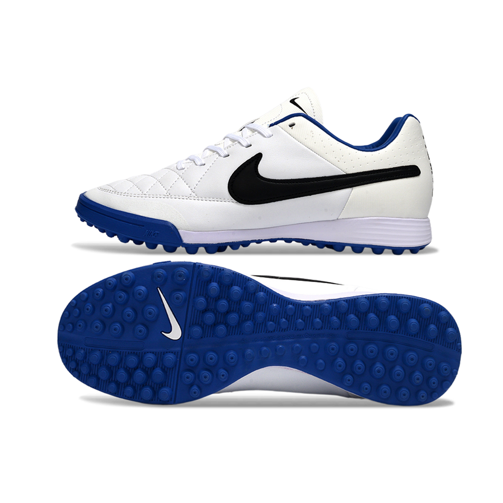 Chuteira Society Nike Retrô Tiempo Legend 4 Elite TF Branca, Preto e Azul