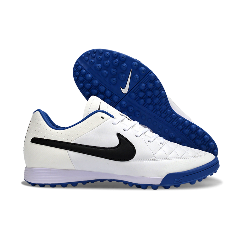 Chuteira Society Nike Retrô Tiempo Legend 4 Elite TF Branca, Preto e Azul