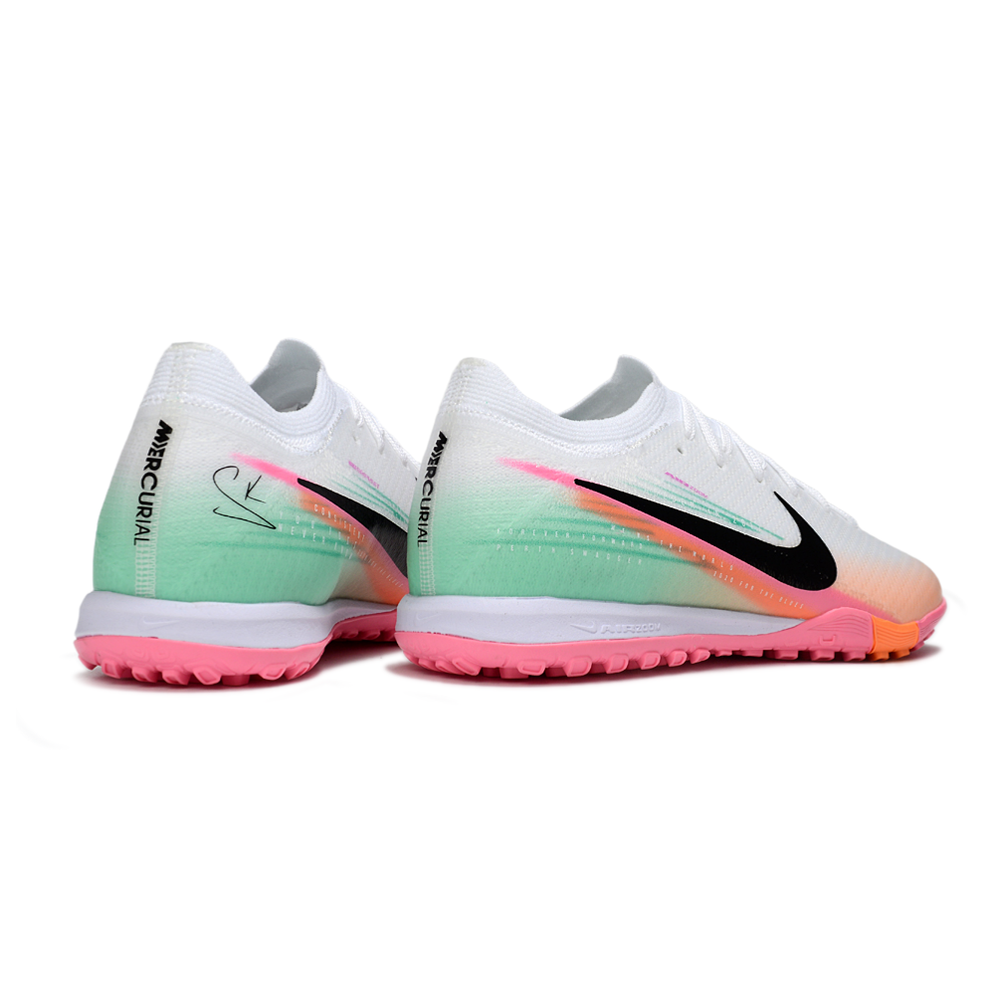 Chuteira Society Nike Air Zoom Mercurial Vapor 16 Elite TF Branco, Rosa, Laranja e Verde