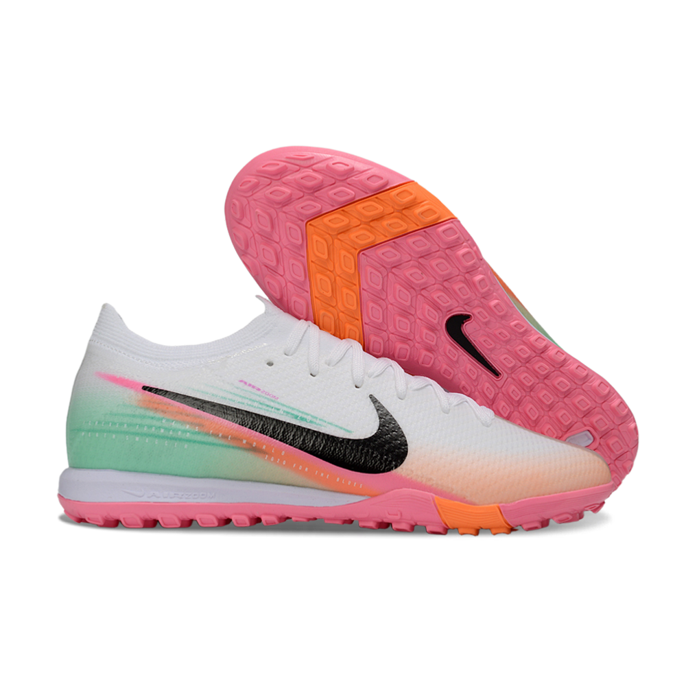 Chuteira Society Nike Air Zoom Mercurial Vapor 16 Elite TF Branco, Rosa, Laranja e Verde
