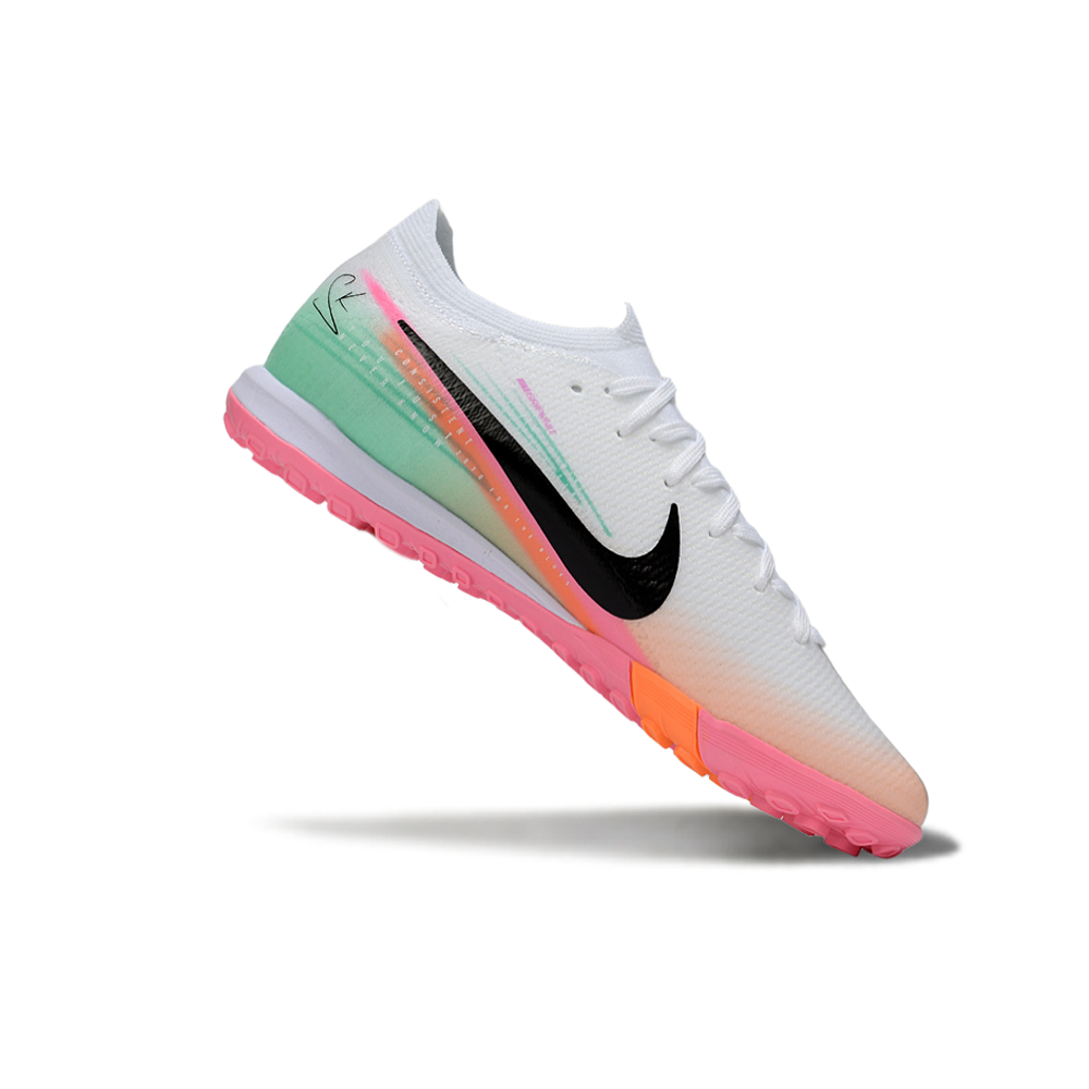 Chuteira Society Nike Air Zoom Mercurial Vapor 16 Elite TF Branco, Rosa, Laranja e Verde