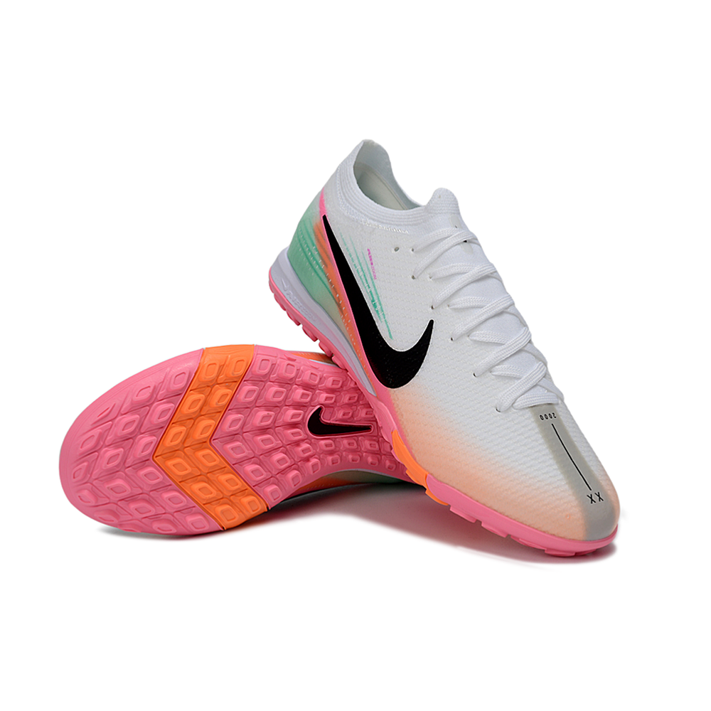 Chuteira Society Nike Air Zoom Mercurial Vapor 16 Elite TF Branco, Rosa, Laranja e Verde