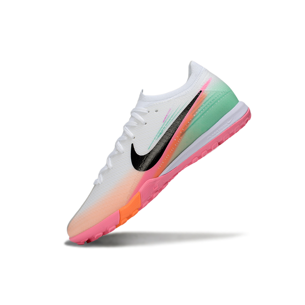 Chuteira Society Nike Air Zoom Mercurial Vapor 16 Elite TF Branco, Rosa, Laranja e Verde