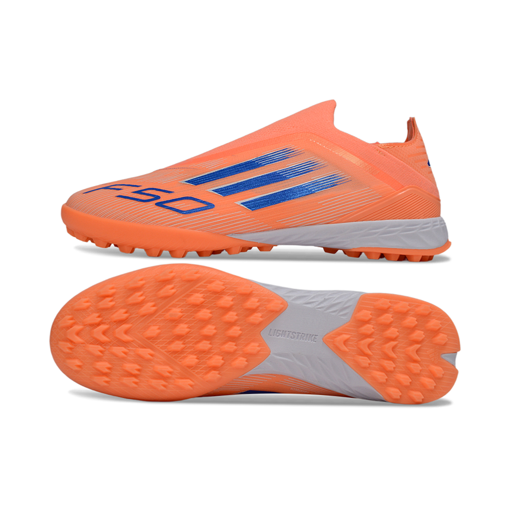 Chuteira Society Adidas F50+ TF Laranja e Azul "Coral Blaze"