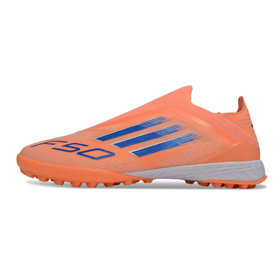 Chuteira Society Adidas F50+ TF Laranja e Azul "Coral Blaze"