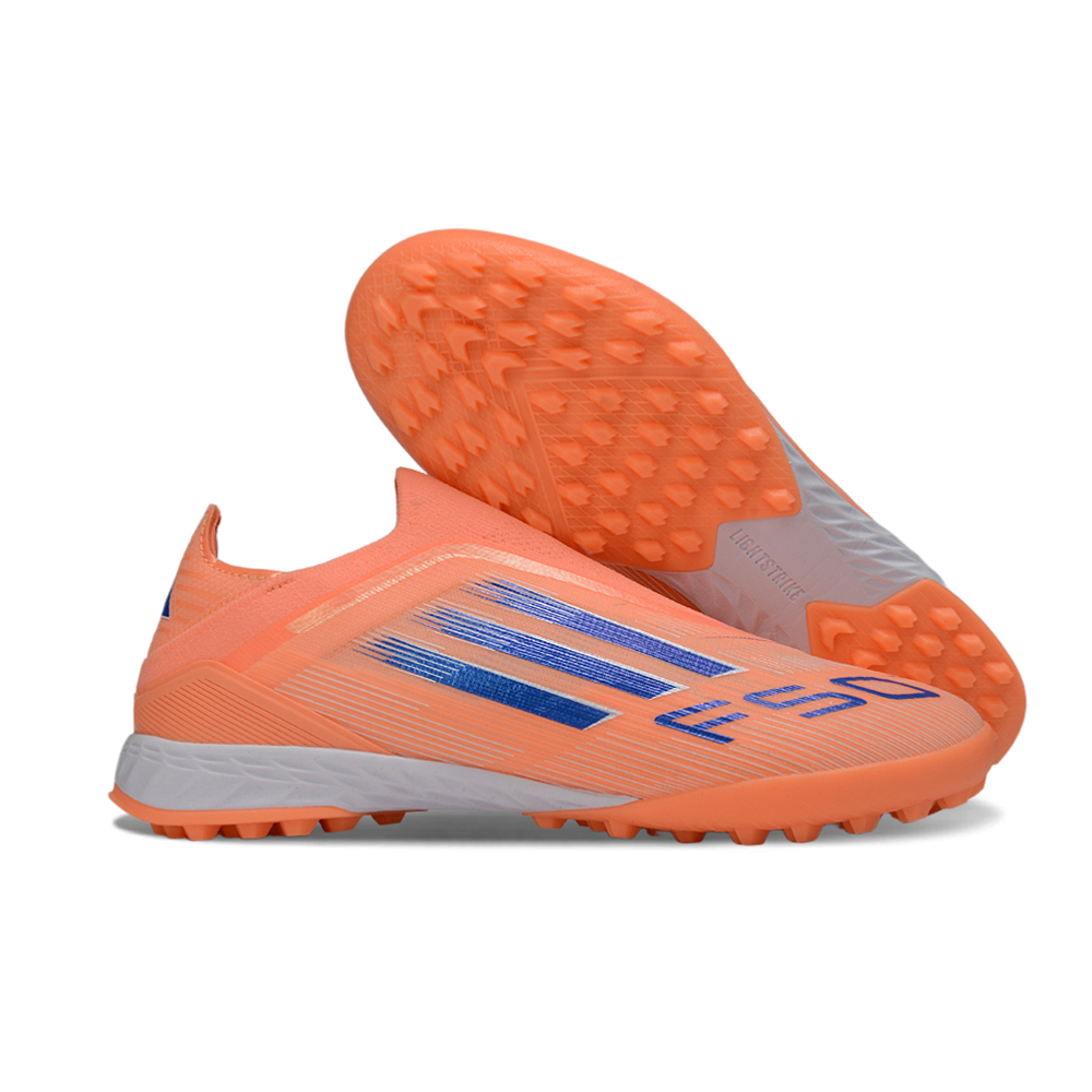 Chuteira Society Adidas F50+ TF Laranja e Azul "Coral Blaze"