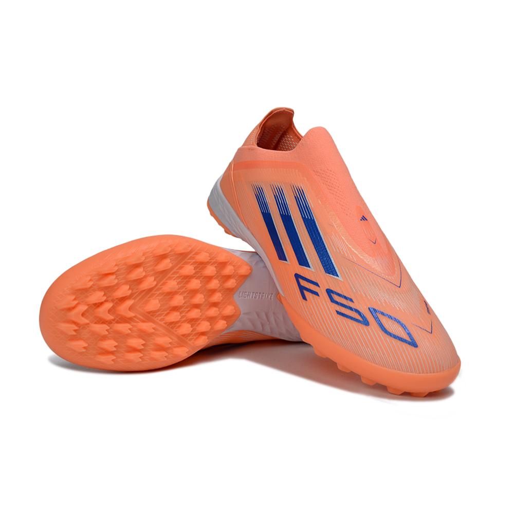 Chuteira Society Adidas F50+ TF Laranja e Azul "Coral Blaze"