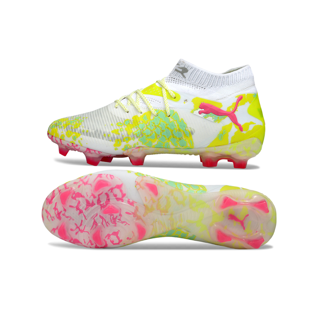 Chuteira Campo Puma Future 8 FG Branco, Verde e Rosa 