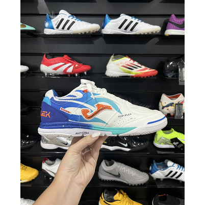 Chuteira Futsal Joma Top Flex Rebound IC Branco, Azul e Laranja - Pronta Entrega