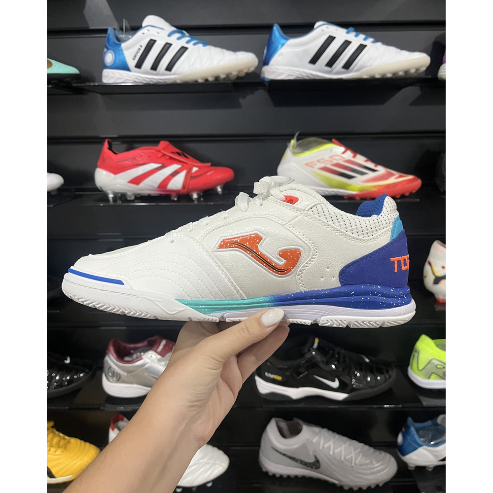 Chuteira Futsal Joma Top Flex Rebound IC Branco, Azul e Laranja - Pronta Entrega