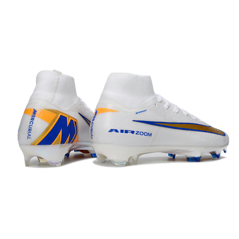 Chuteira Campo Nike Air Zoom Mercurial Superfly 10 Elite FG Branco, Azul e Dourado