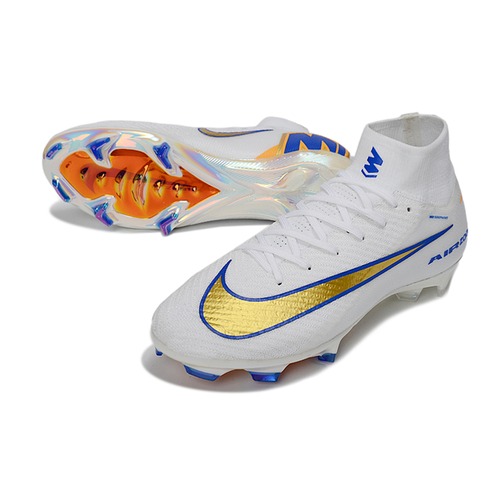 Chuteira Campo Nike Air Zoom Mercurial Superfly 10 Elite FG Branco, Azul e Dourado