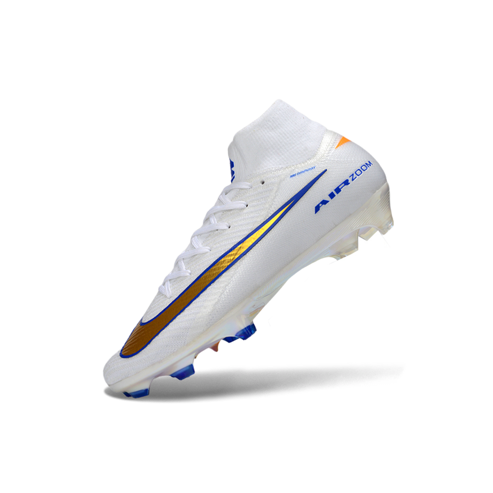 Chuteira Campo Nike Air Zoom Mercurial Superfly 10 Elite FG Branco, Azul e Dourado