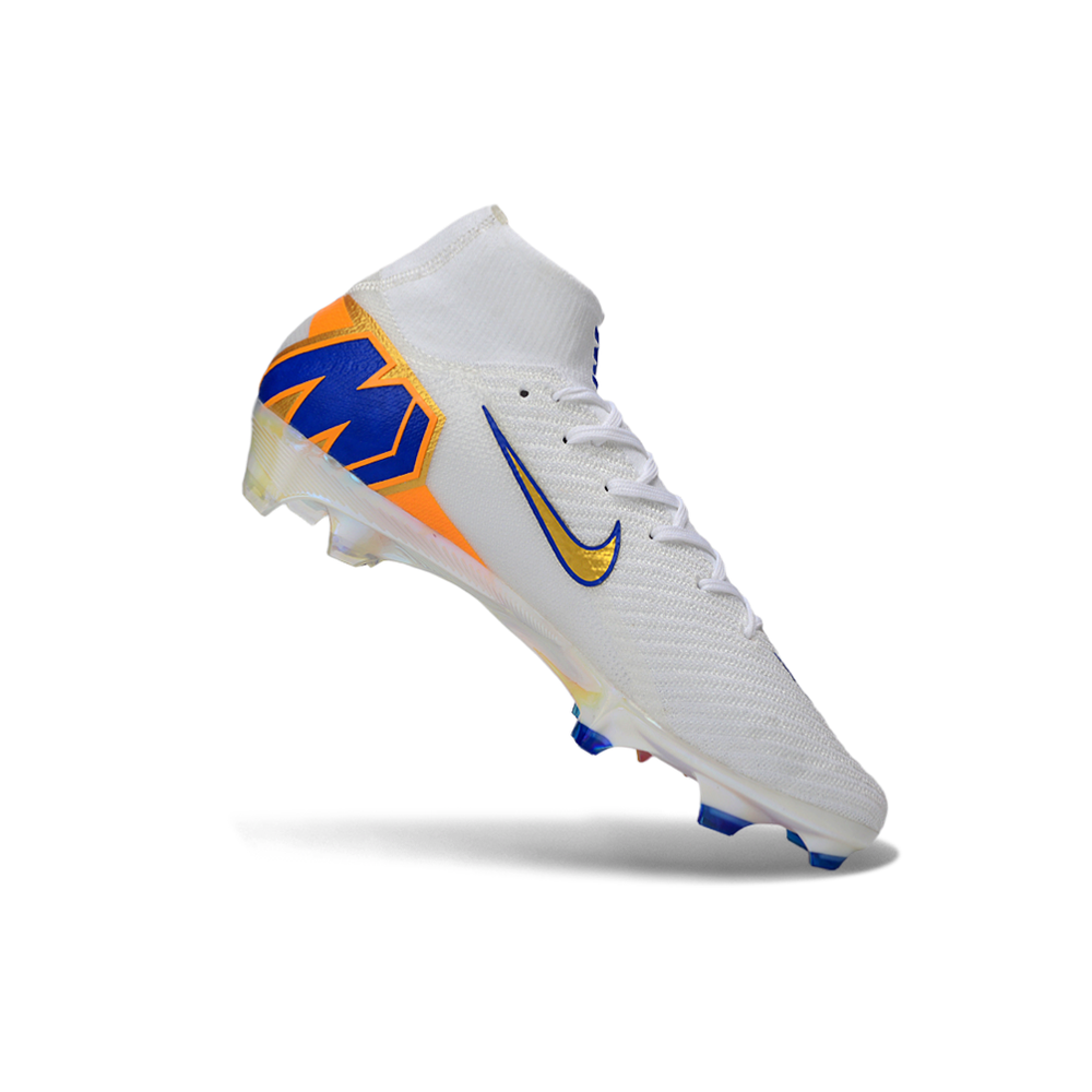 Chuteira Campo Nike Air Zoom Mercurial Superfly 10 Elite FG Branco, Azul e Dourado