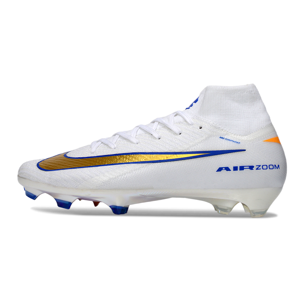 Chuteira Campo Nike Air Zoom Mercurial Superfly 10 Elite FG Branco, Azul e Dourado