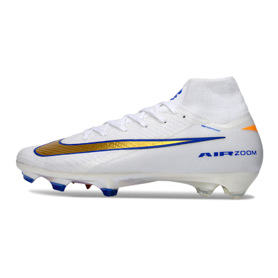 Chuteira Campo Nike Air Zoom Mercurial Superfly 10 Elite FG Branco, Azul e Dourado