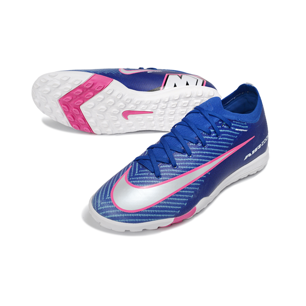 Chuteira Society Nike Air Zoom Mercurial Vapor 16 Elite TF Azul, Branco e Rosa "Attack Pack"
