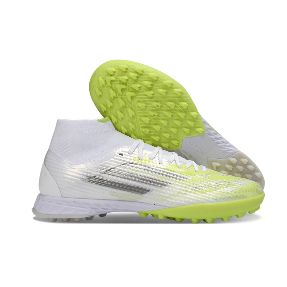 Chuteira Society Adidas F50 Cano Médio TF Branco e Verde 