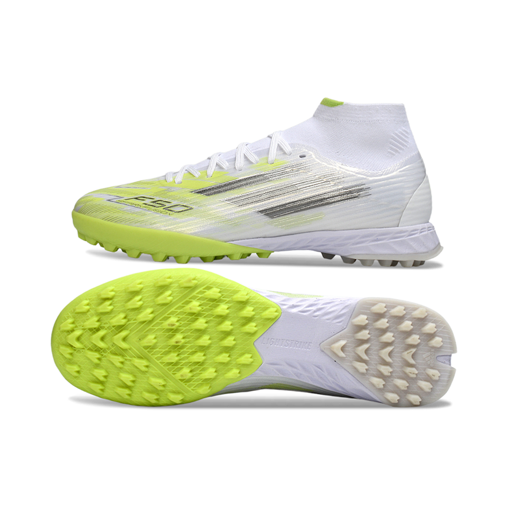 Chuteira Society Adidas F50 Cano Médio TF Branco e Verde 