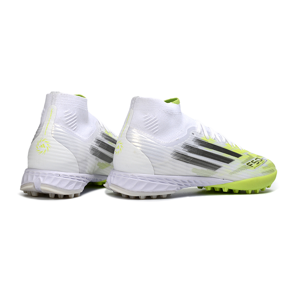 Chuteira Society Adidas F50 Cano Médio TF Branco e Verde 