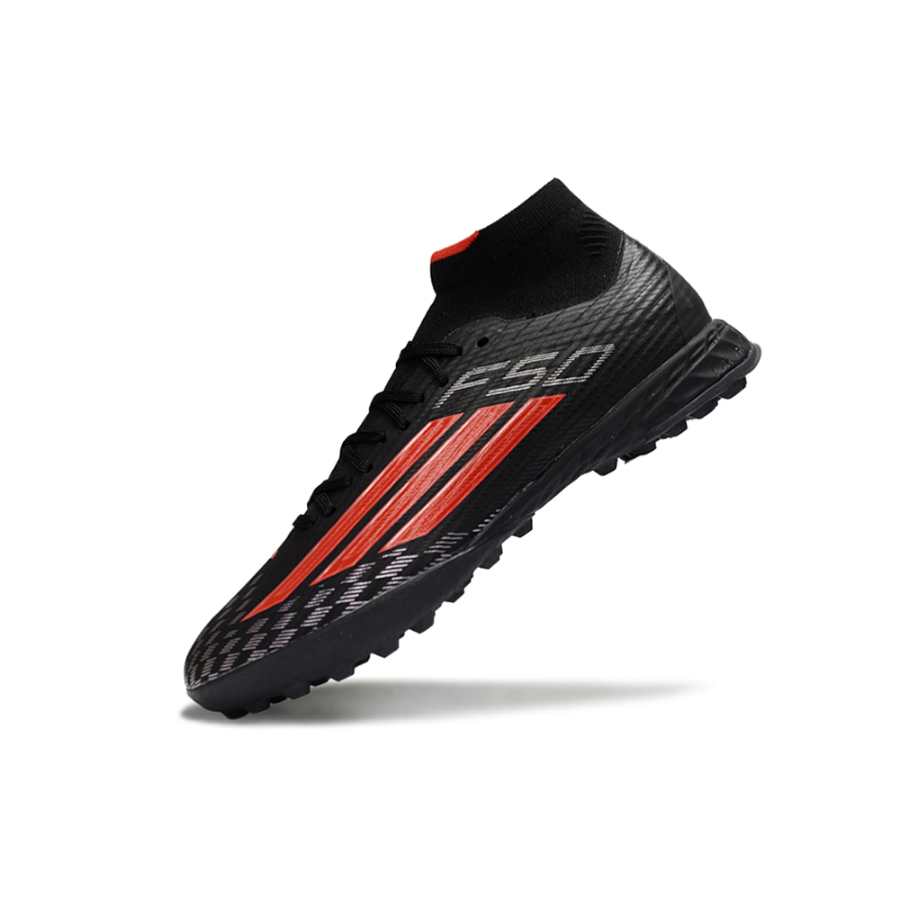 Chuteira Society Adidas F50 Cano Médio TF Preto e Vermelho