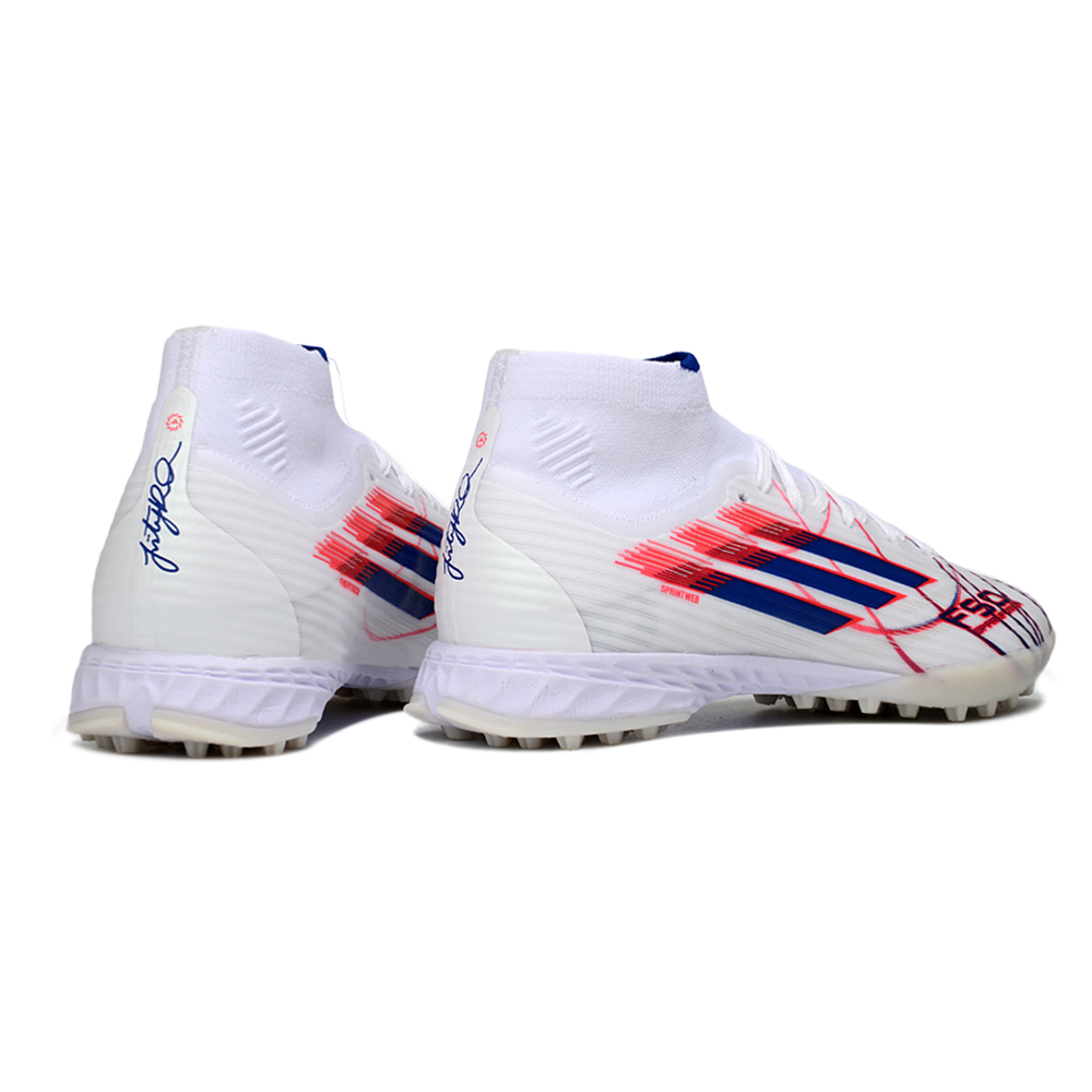 Chuteira Society Adidas F50 Cano Médio TF Branco, Azul e Vermelho