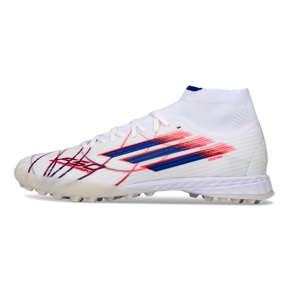 Chuteira Society Adidas F50 Cano Médio TF Branco, Azul e Vermelho
