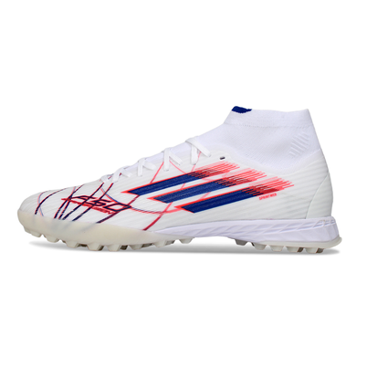 Chuteira Society Adidas F50 Cano Médio TF Branco, Azul e Vermelho