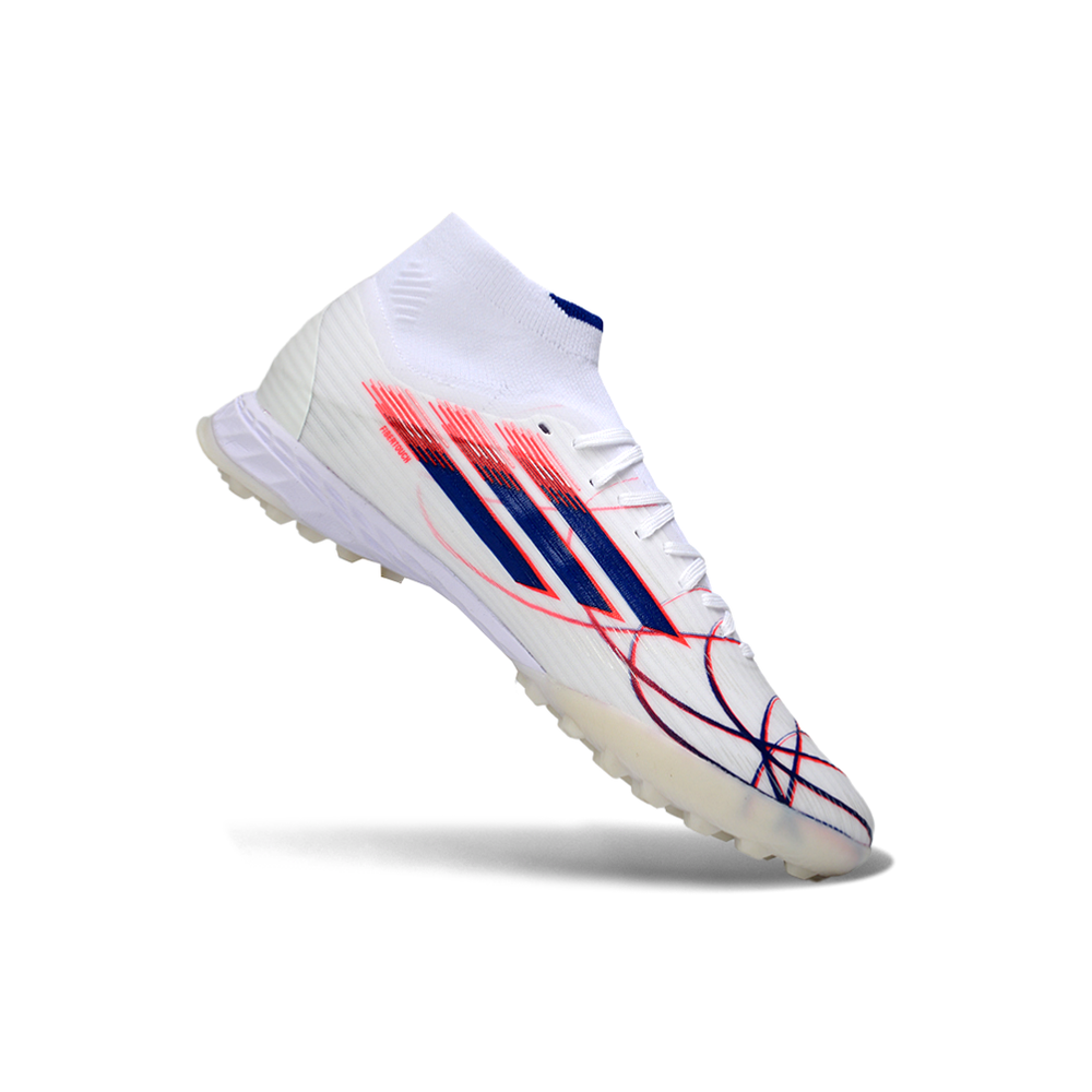 Chuteira Society Adidas F50 Cano Médio TF Branco, Azul e Vermelho