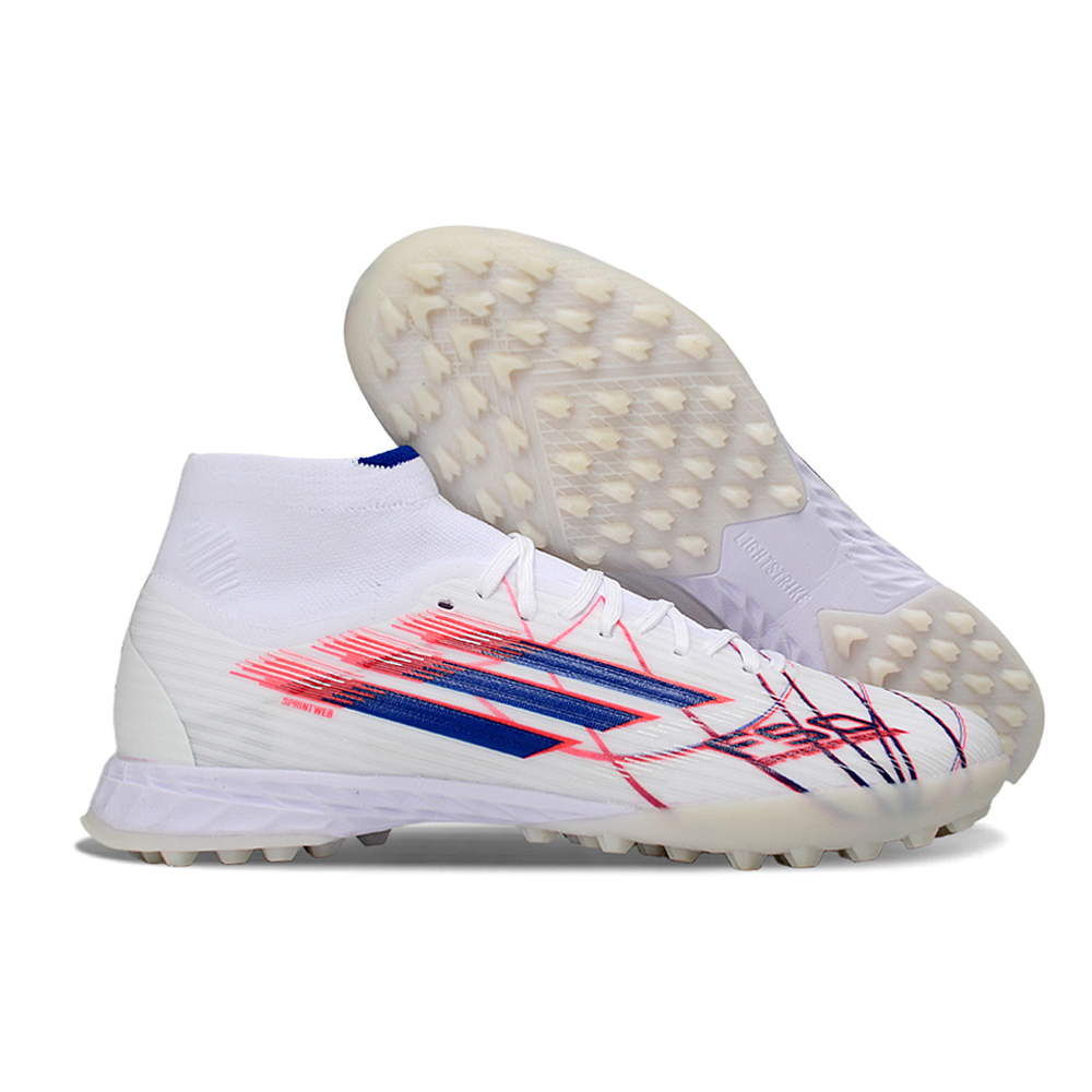 Chuteira Society Adidas F50 Cano Médio TF Branco, Azul e Vermelho