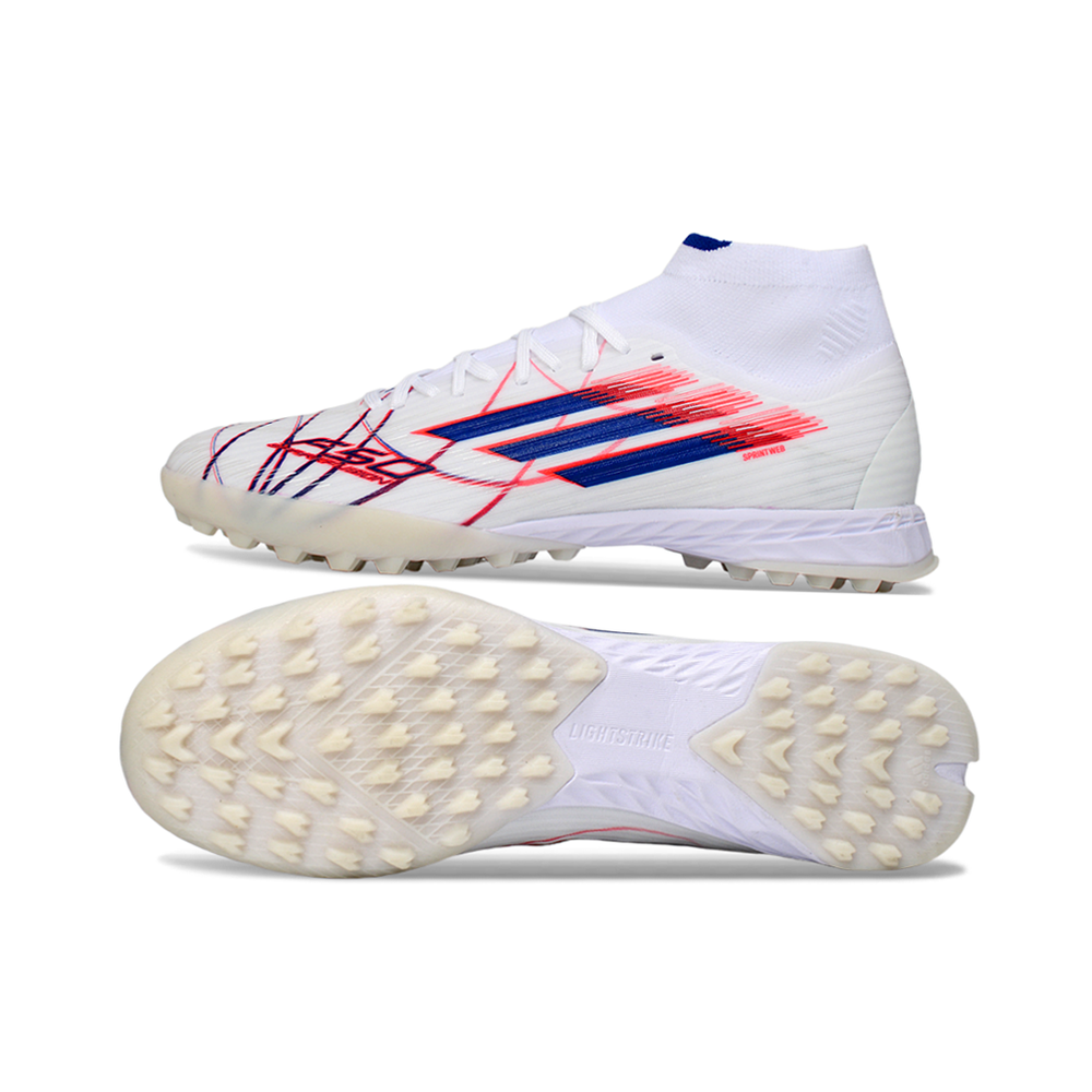 Chuteira Society Adidas F50 Cano Médio TF Branco, Azul e Vermelho