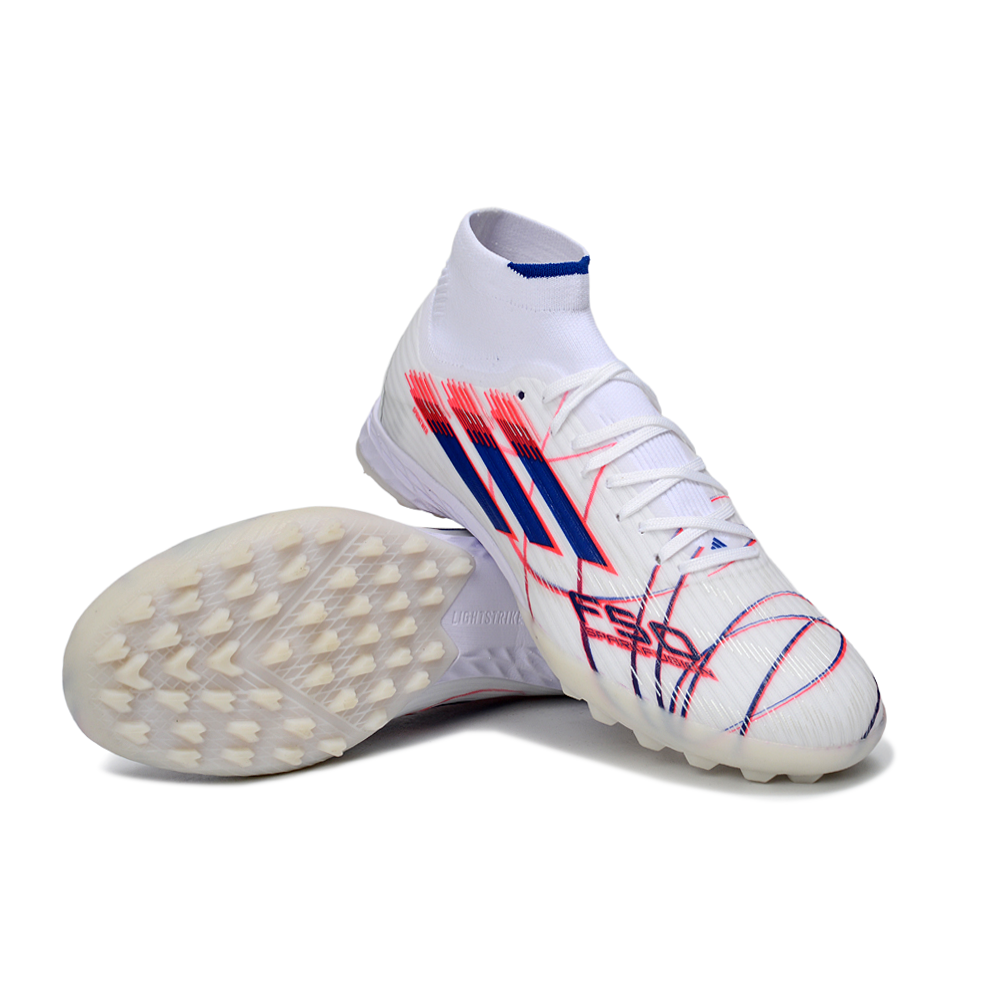 Chuteira Society Adidas F50 Cano Médio TF Branco, Azul e Vermelho
